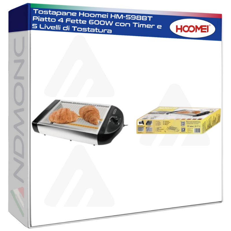 Tostapane Hoomei HM-5988T Piatto 4 Fette 600W con Timer e 5 Livelli di Tostatura
