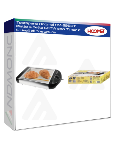 Tostapane Hoomei HM-5988T Piatto 4 Fette 600W con Timer e 5 Livelli di Tostatura