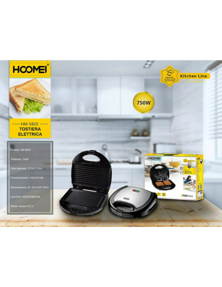 Tostiera Elettrica Hoomei HM-5820 750W – Piastra per Toast, Panini e Sandwich Maker