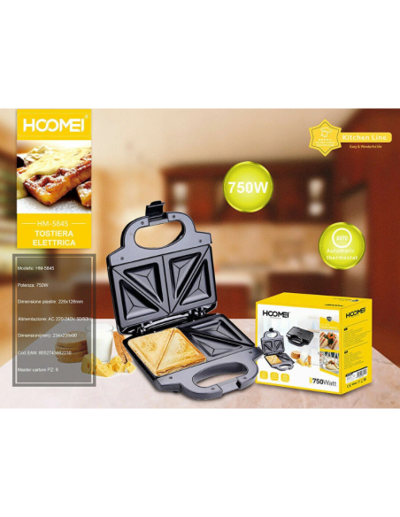 Tostiera Elettrica Hoomei HM-5845 750W – Piastra per Toast e Sandwich con LED
