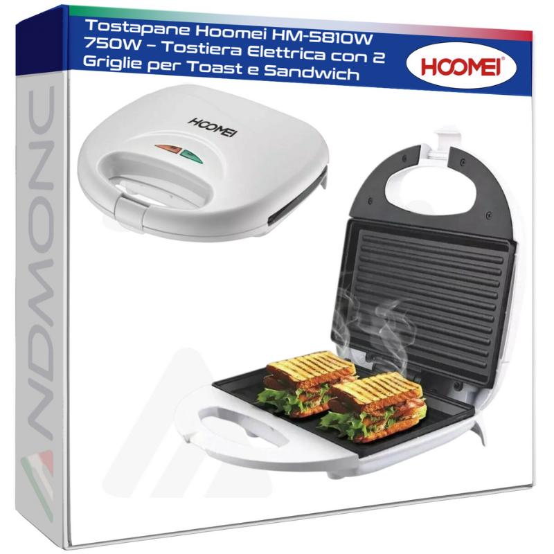 Tostapane Hoomei HM-5810W 750W – Tostiera Elettrica con 2 Griglie per Toast e Sandwich