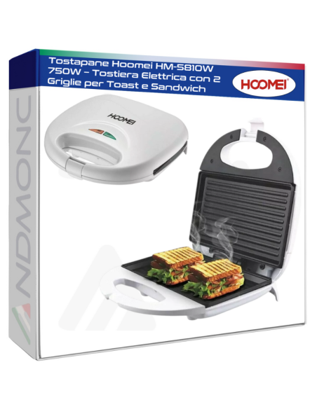 Tostapane Hoomei HM-5810W 750W – Tostiera Elettrica con 2 Griglie per Toast e Sandwich