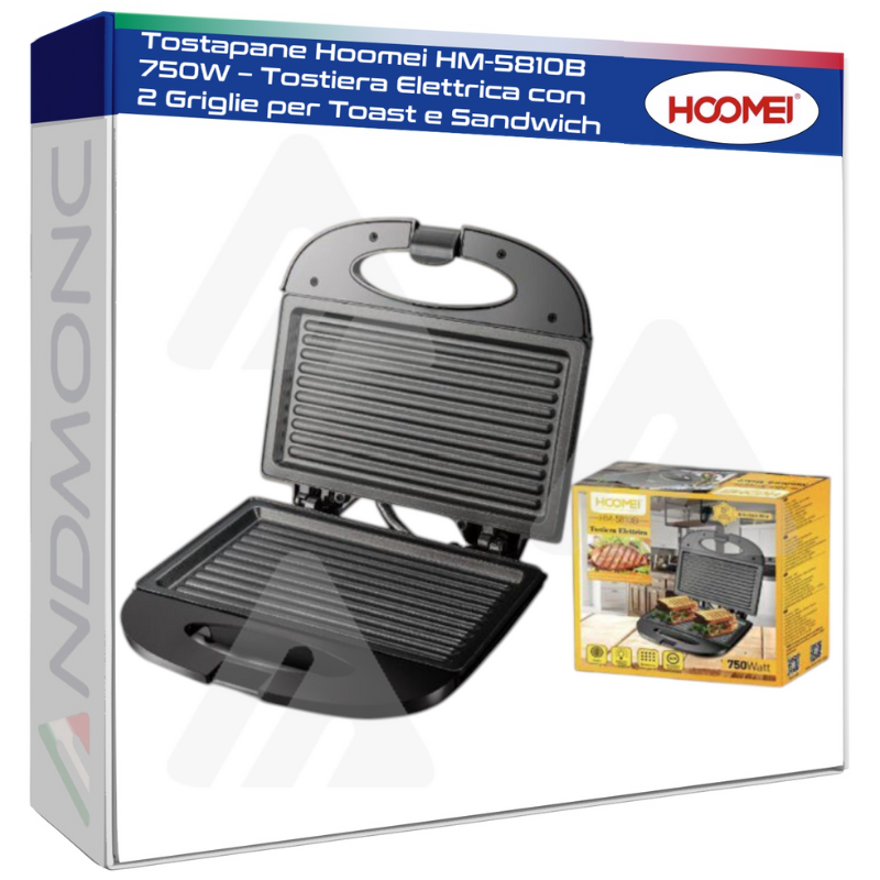 Tostapane Hoomei HM-5810B 750W – Tostiera Elettrica con 2 Griglie per Toast e Sandwich