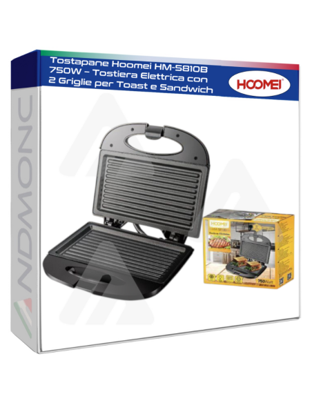 Tostapane Hoomei HM-5810B 750W – Tostiera Elettrica con 2 Griglie per Toast e Sandwich