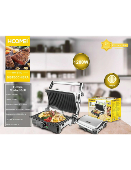 Bistecchiera Hoomei HM-5842 Piastra Griglia Elettrica con Termostato Regolabile 1200W