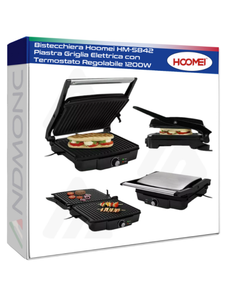 Bistecchiera Hoomei HM-5842 Piastra Griglia Elettrica con Termostato Regolabile 1200W