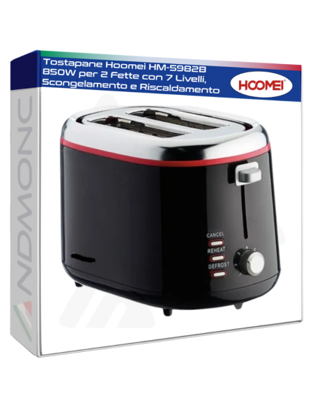 Tostapane Hoomei HM-5982B 850W per 2 Fette con 7 Livelli, Scongelamento e Riscaldamento