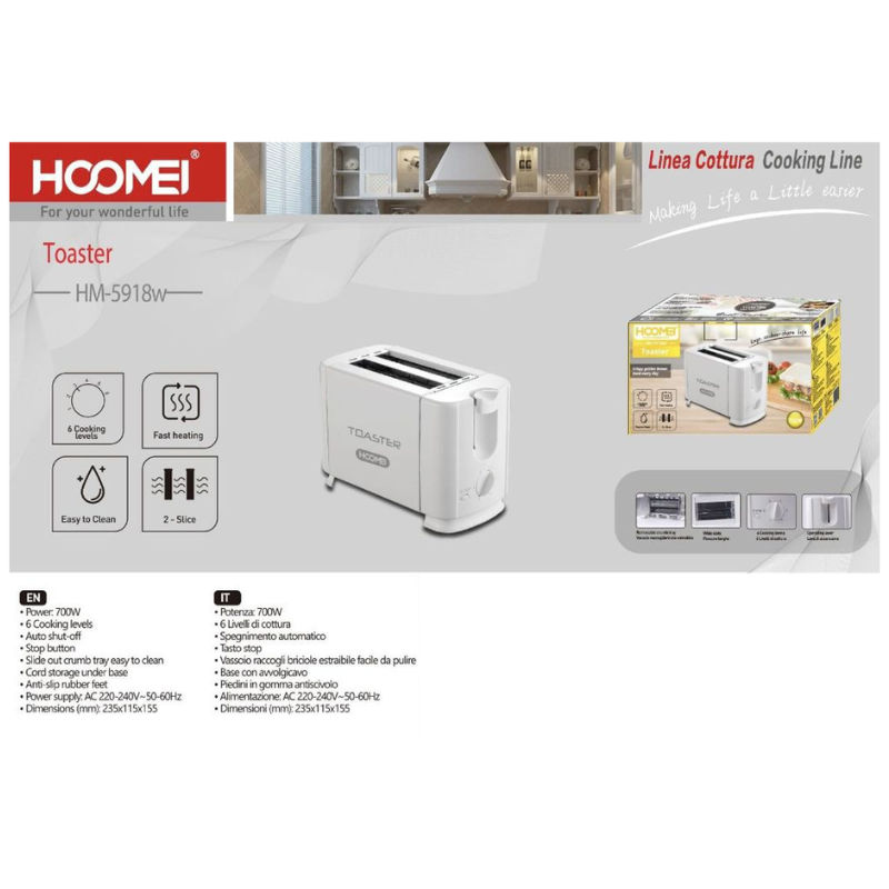 Tostapane Bianco Hoomei HM-5918W 700W con 6...
