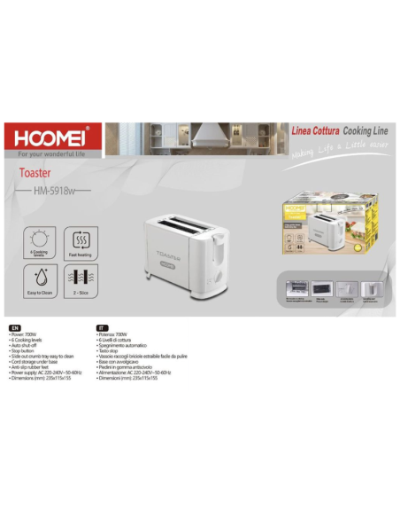 Tostapane Bianco Hoomei HM-5918W 700W con 6 Livelli di Cottura