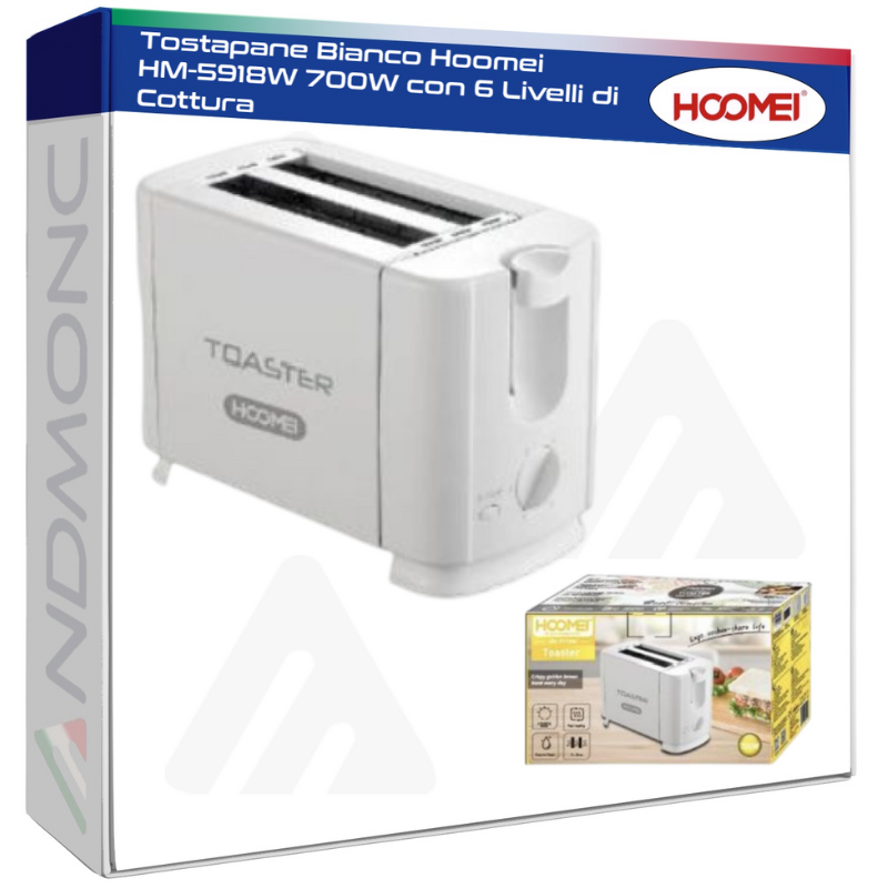 Tostapane Bianco Hoomei HM-5918W 700W con 6 Livelli di Cottura