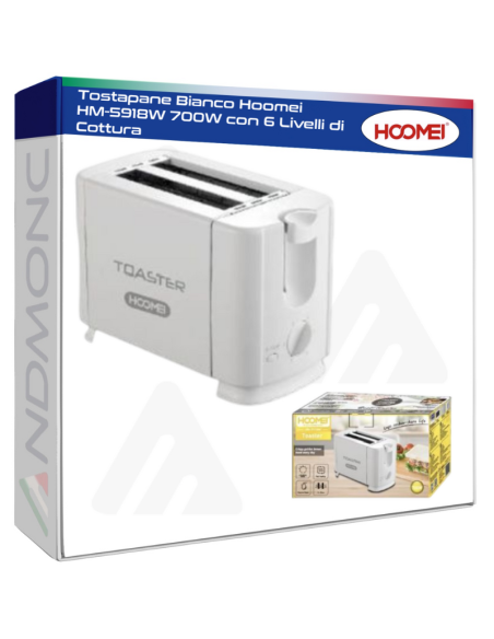 Tostapane Bianco Hoomei HM-5918W 700W con 6 Livelli di Cottura