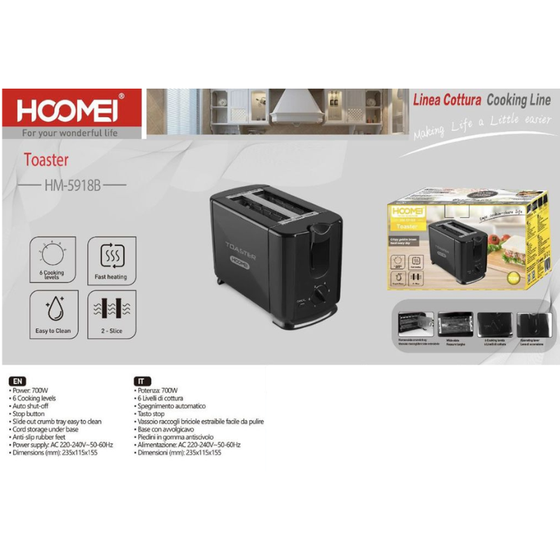 Tostapane Hoomei HM-5918B 2 Fette 700W con 6...