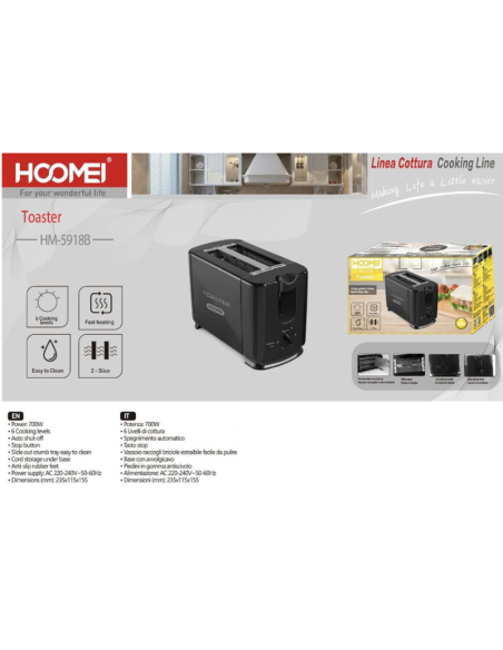 Tostapane Hoomei HM-5918B 2 Fette 700W con 6 Livelli di Cottura – Nero