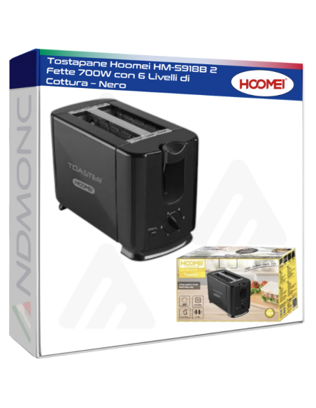 Tostapane Hoomei HM-5918B 2 Fette 700W con 6 Livelli di Cottura – Nero