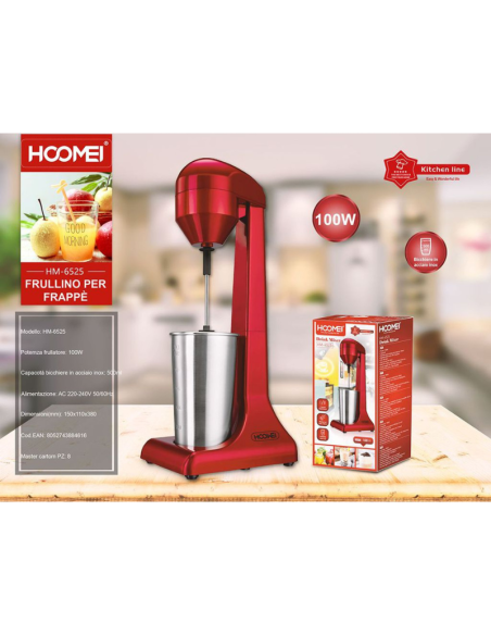 Frullino Hoomei HM-6525 per Frappè 100W 500ml in Acciaio Inox – Colore Rosso