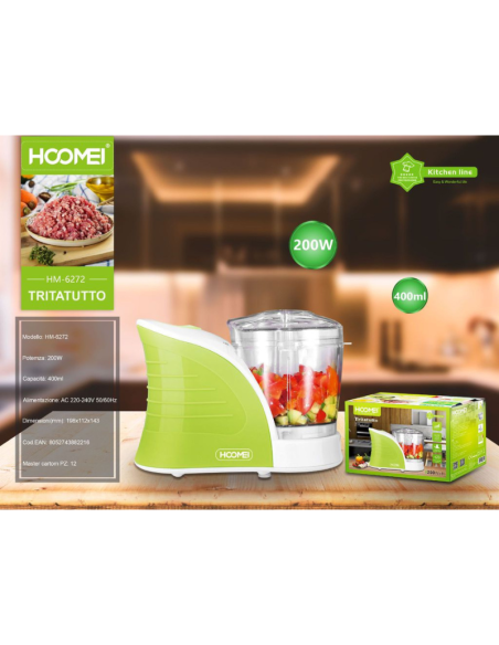 Tritatutto Hoomei HM-6272 200W 400ml per Verdure, Frutta e Tritatura Semplice Verde