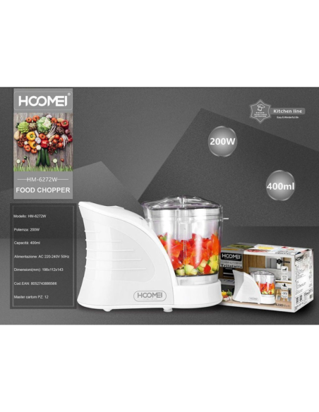 Tritatutto Hoomei HM-6272 200W 400ml per Verdure, Frutta e Tritatura Semplice Bianco