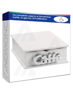 Portacialde Legno e Ceramica, Caffè, Argento, 27x33x11cm