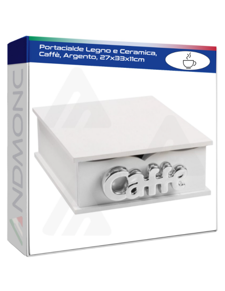 Portacialde Legno e Ceramica, Caffè, Argento, 27x33x11cm