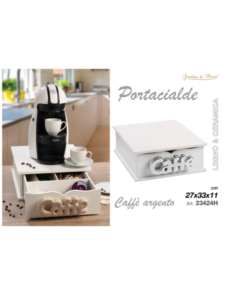 Portacialde Legno e Ceramica, Caffè, Argento, 27x33x11cm