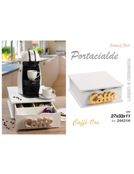 Portacialde Legno e Ceramica, Caffè, ORO, 27x33x11cm