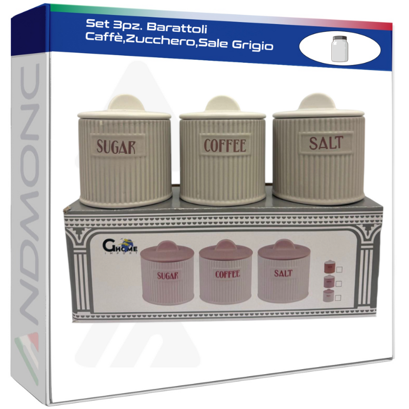 Set 3pz. Barattoli Caffè,Zucchero,Sale Grigio