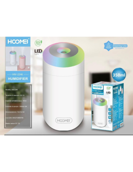 Umidificatore Ambiente Hoomei HM-2246 350ml LED Colorati USB BPA Free Silenzioso