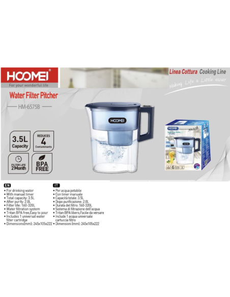 HOOMEI Caraffa Filtrante Acqua 3.5L HM-6575B Brocca BPA Free con Filtro e Timer