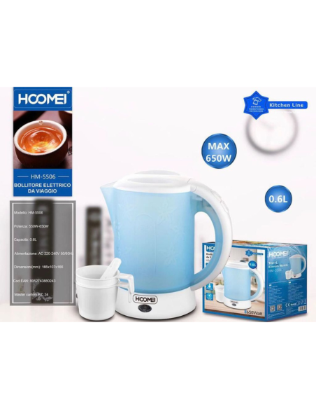 Bollitore Elettrico Da Viaggio The Bevande Tisane 550-650w 0.6 Lt Hoomei Hm-5506