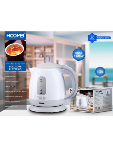 Bollitore Elettrico 1100 Watt 1 Litro Con Base Girevole Di 360° Hoomei Hm-5510