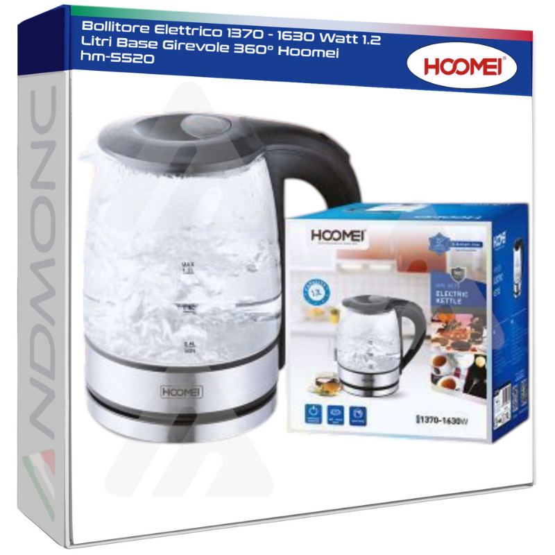 Bollitore Elettrico 1370 - 1630 Watt 1.2 Litri Base Girevole 360° Hoomei hm-5520