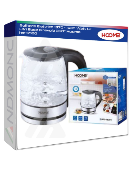 Bollitore Elettrico 1370 - 1630 Watt 1.2 Litri Base Girevole 360° Hoomei hm-5520