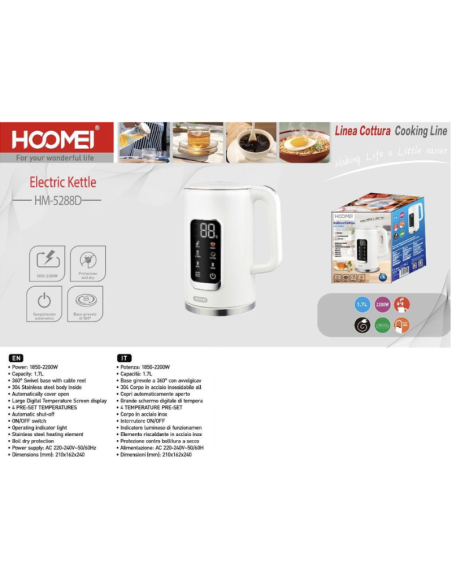 HOOMEI Bollitore Elettrico Digitale HM-5288D 1.7L 1850-2200W 4 Temp. Preset