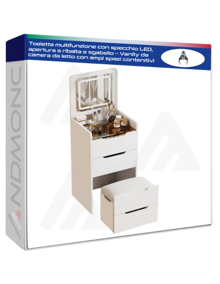 Toeletta multifunzione con specchio LED, apertura a ribalta e sgabello – Vanity da camera da letto con ampi spazi contenitivi