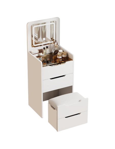 Toeletta multifunzione con specchio LED, apertura a ribalta e sgabello – Vanity da camera da letto con ampi spazi contenitivi