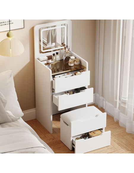 Toeletta multifunzione con specchio LED, apertura a ribalta e sgabello – Vanity da camera da letto con ampi spazi contenitivi