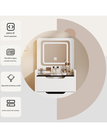 Toeletta multifunzione con specchio LED, apertura a ribalta e sgabello – Vanity da camera da letto con ampi spazi contenitivi