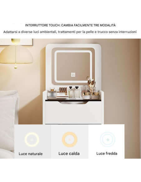 Toeletta multifunzione con specchio LED, apertura a ribalta e sgabello – Vanity da camera da letto con ampi spazi contenitivi