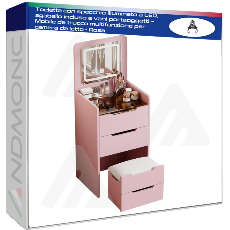 Toeletta con specchio illuminato a LED, sgabello incluso e vani portaoggetti – Mobile da trucco multifunzione - Rosa