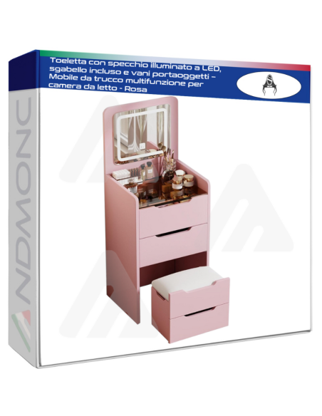Toeletta con specchio illuminato a LED, sgabello incluso e vani portaoggetti – Mobile da trucco multifunzione - Rosa