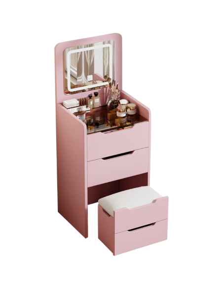 Toeletta con specchio illuminato a LED, sgabello incluso e vani portaoggetti – Mobile da trucco multifunzione - Rosa