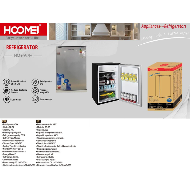 Frigorifero 65W, Capacità 92L, HM-6592BC