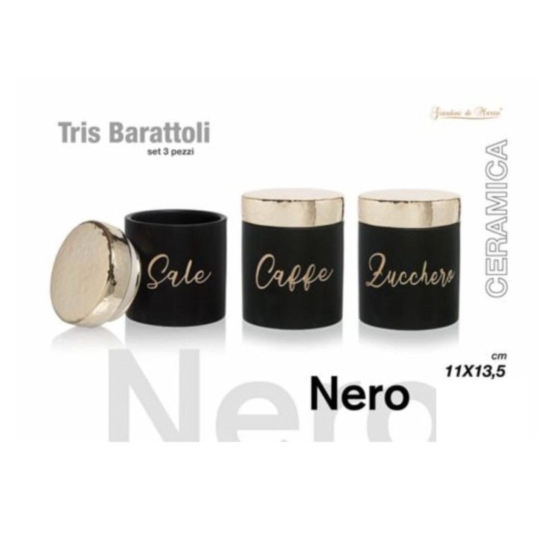 Tris barattoli nero zucchero, caffè, sale