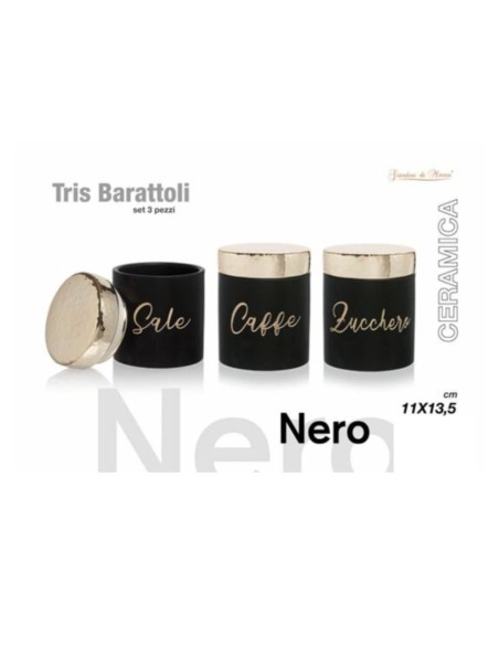 Tris barattoli nero zucchero, caffè, sale