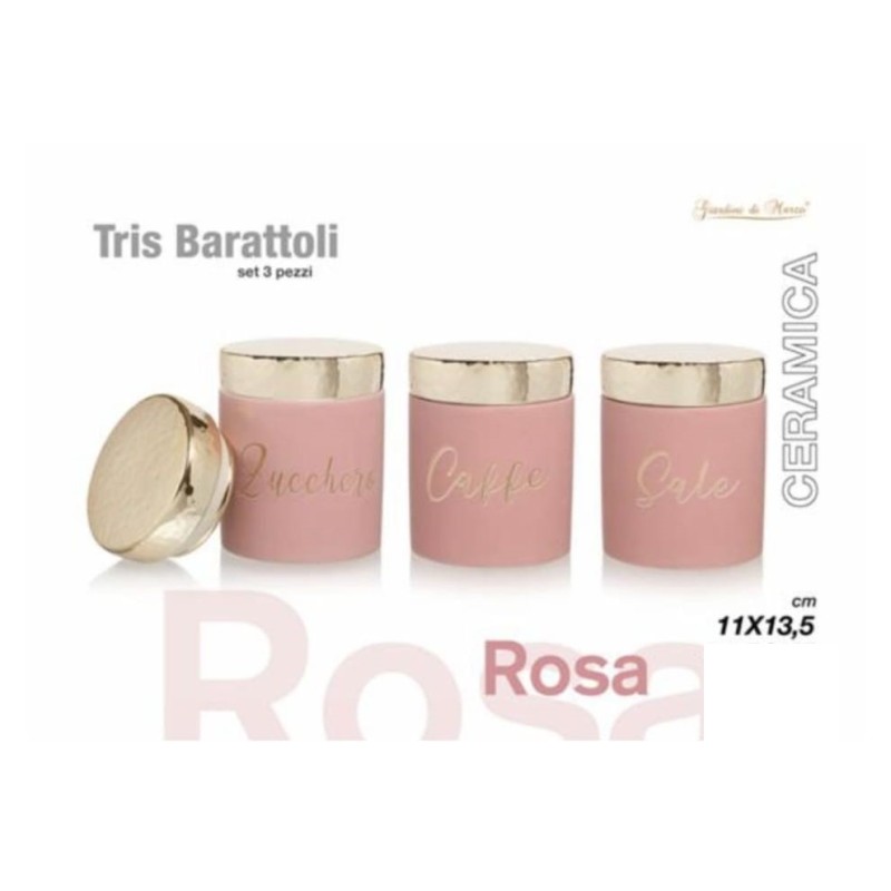 Tris barattoli rosa zucchero, caffè, sale