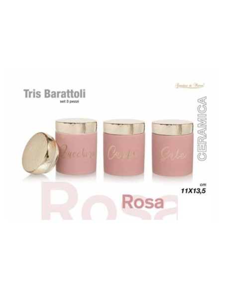 Tris barattoli rosa zucchero, caffè, sale