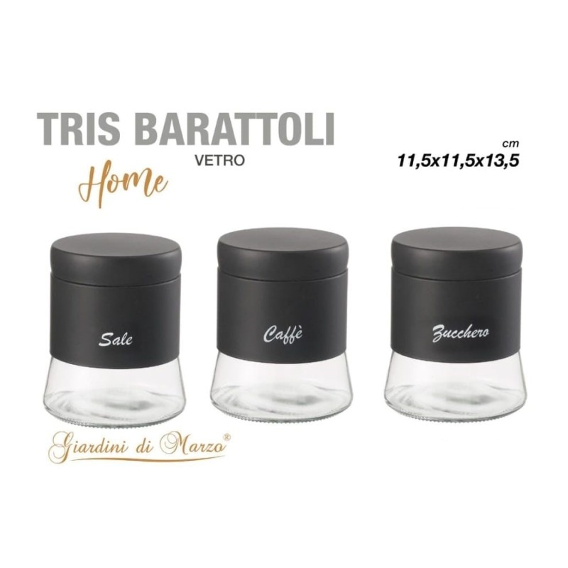 Tris barattoli nero vetro zucchero, caffè, sale