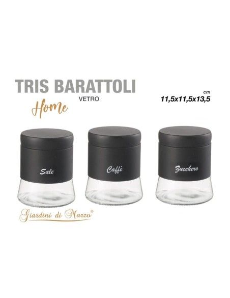 Tris barattoli nero vetro zucchero, caffè, sale