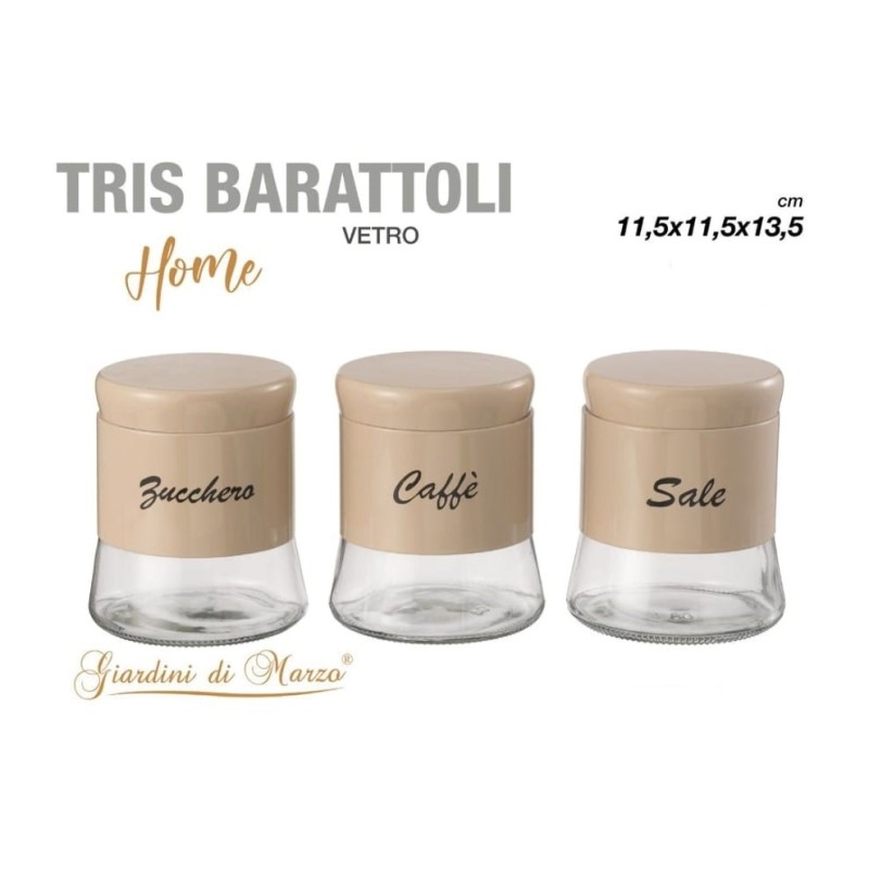 Tris barattoli tortora vetro zucchero, caffè, sale
