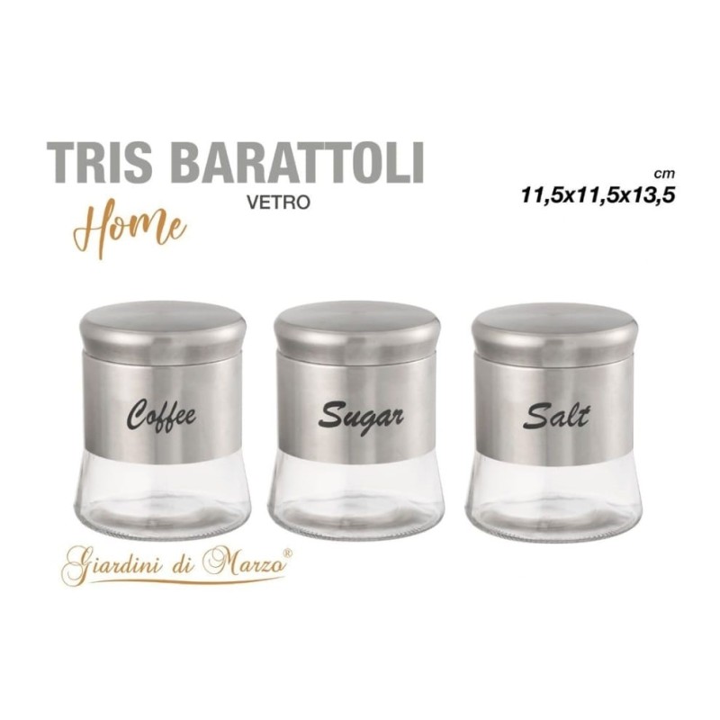 Tris barattoli argento vetro zucchero, caffè, sale
